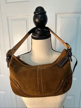 Coach Brown Suede Shoulder Bag with Tan Strap
